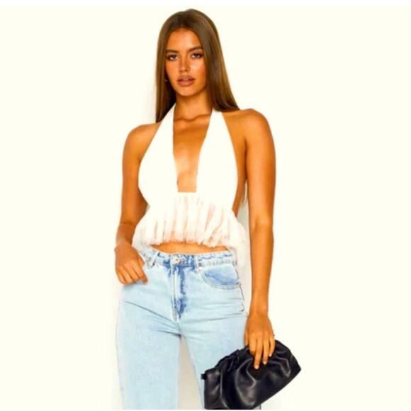 Emma Rose x Beginning Women’s White Tulle Ruffle Halter Peplum Tutu Top Bridal - Picture 12 of 13